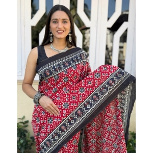 Generic Women's Cotton Ajrakh Printed Saree With Unstitched Blouse 5.5Mtr (Red)
