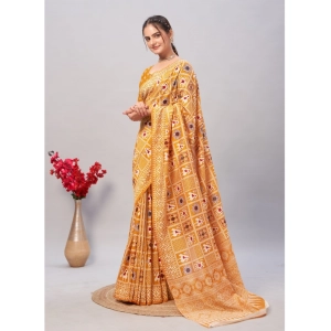 Generic Women's Cotton Ajrakh Printed Saree With Unstitched Blouse 5.5Mtr (Yellow)