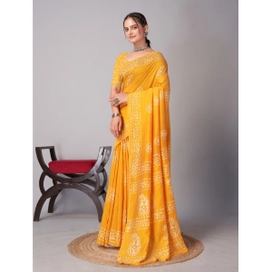 Generic Women's Chanderi Cotton Batik Printed Saree With Unstitched Blouse 5.5Mtr (Yellow)