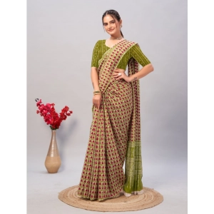Generic Women's Cotton Ajrakh Printed Saree With Unstitched Blouse 5.5Mtr (Green)