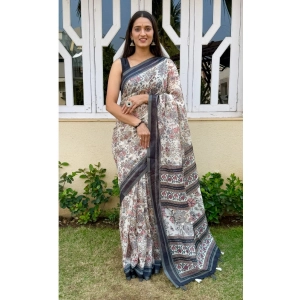 Generic Women's Cotton Slub Printed Saree With Unstitched Blouse 5.5Mtr (Grey)