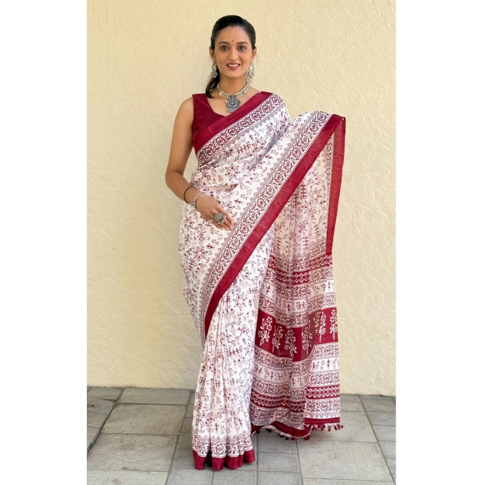 Generic Women's Bhagalpuri Silk Warli Printed Saree With Unstitched Blouse 5.5Mtr (Maroon)
