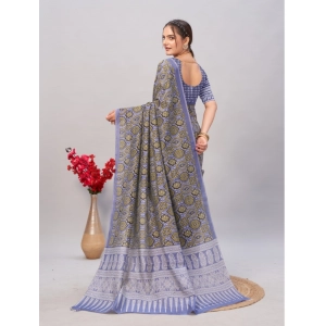 Generic Women's Cotton Ajrakh Printed Saree With Unstitched Blouse 5.5Mtr (Purple)