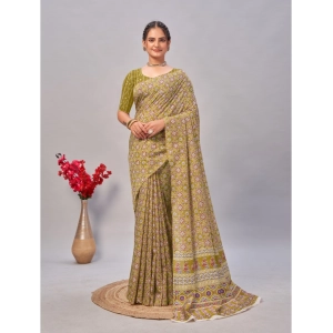 Generic Women's Cotton Ajrakh Printed Saree With Unstitched Blouse 5.5Mtr (Green)