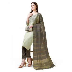 Generic Women's Cotton Blend Embroidered 3-4 th Sleeve Round Neck Kurti With Pant Dupatta Set (Light Green)
