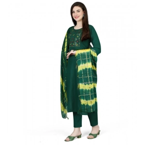 Generic Women's Cotton Blend Embroidered 3-4 th Sleeve Round Neck Kurti With Pant Dupatta Set (Green)