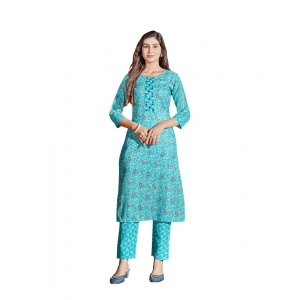 Generic Women's Cotton Blend Foil Print - Mirror Work 3-4 th Sleeve Round Neck Kurti With Pant Set (Green)