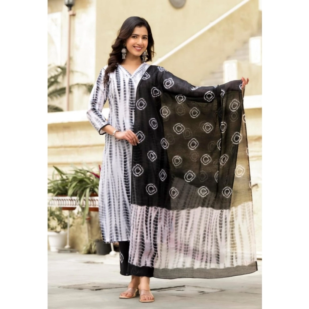 Generic Women's Cotton Printed 3-4 th Sleeve V Neck Kurti With Pant Dupatta Set (Black)