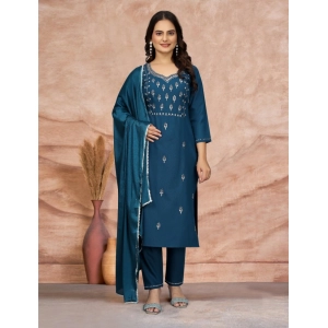 Generic Women's Cotton Blend Embroidered 3-4 th Sleeve Sweetheart Neck Kurti With Pant Dupatta Set (Blue)