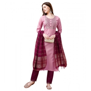 Generic Women's Cotton Blend Embroidered 3-4 th Sleeve Round Neck Kurti With Pant Dupatta Set (Pink )