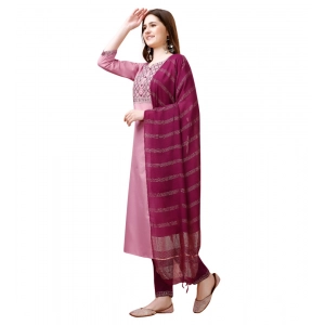 Generic Women's Cotton Blend Embroidered 3-4 th Sleeve Round Neck Kurti With Pant Dupatta Set (Pink )