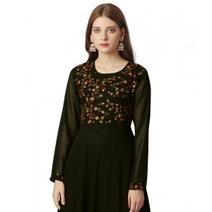 Generic Women's Georgette Embroidered Full Sleeve Round Neck Gown (Mehendi)