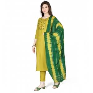 Generic Women's Cotton Blend Embroidered 3-4 th Sleeve Round Neck Kurti With Pant Dupatta Set (Yellow)