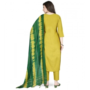Generic Women's Cotton Blend Embroidered 3-4 th Sleeve Round Neck Kurti With Pant Dupatta Set (Yellow)