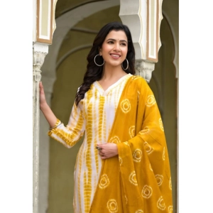 Generic Women's Cotton Printed 3-4 th Sleeve V Neck Kurti With Pant Dupatta Set (Yellow)