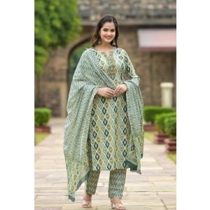 Generic Women's Cotton Printed 3-4 th Sleeve V Neck Kurti With Pant Dupatta Set (Green)