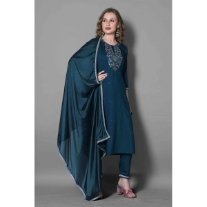 Generic Women's Silk Blend Embroidered 3-4 th Sleeve Round Neck Kurti With Pant Dupatta Set (Blue)