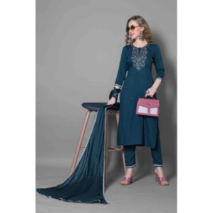 Generic Women's Silk Blend Embroidered 3-4 th Sleeve Round Neck Kurti With Pant Dupatta Set (Blue)
