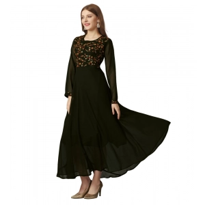 Generic Women's Georgette Embroidered Full Sleeve Round Neck Gown (Mehendi)