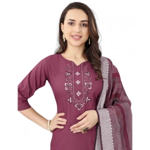 Generic Women's Cotton Blend Mirror Work 3-4 th Sleeve Sweetheart Neck Kurti With Pant Dupatta Set (Purple)