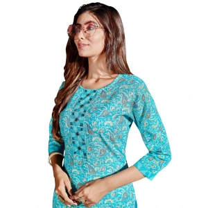 Generic Women's Cotton Blend Foil Print - Mirror Work 3-4 th Sleeve Round Neck Kurti With Pant Set (Green)