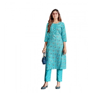 Generic Women's Cotton Blend Foil Print - Mirror Work 3-4 th Sleeve Round Neck Kurti With Pant Set (Green)