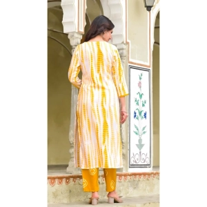 Generic Women's Cotton Printed 3-4 th Sleeve V Neck Kurti With Pant Dupatta Set (Yellow)