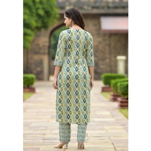 Generic Women's Cotton Printed 3-4 th Sleeve V Neck Kurti With Pant Dupatta Set (Green)