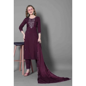 Generic Women's Silk Blend Embroidered 3-4 th Sleeve Round Neck Kurti With Pant Dupatta Set (Purple)