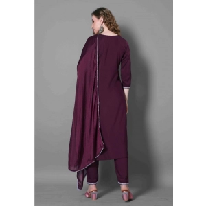 Generic Women's Silk Blend Embroidered 3-4 th Sleeve Round Neck Kurti With Pant Dupatta Set (Purple)