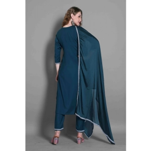 Generic Women's Silk Blend Embroidered 3-4 th Sleeve Round Neck Kurti With Pant Dupatta Set (Blue)