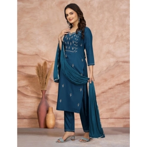 Generic Women's Cotton Blend Embroidered 3-4 th Sleeve Sweetheart Neck Kurti With Pant Dupatta Set (Blue)