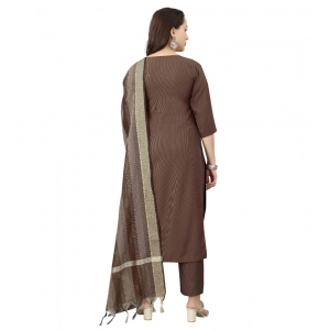 Generic Women's Cotton Blend Mirror Work 3-4 th Sleeve Sweetheart Neck Kurti With Pant Dupatta Set (Brown)
