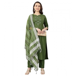 Generic Women's Cotton Blend Mirror Work 3-4 th Sleeve Sweetheart Neck Kurti With Pant Dupatta Set (Mehendi green)