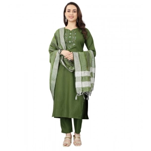 Generic Women's Cotton Blend Mirror Work 3-4 th Sleeve Sweetheart Neck Kurti With Pant Dupatta Set (Mehendi green)