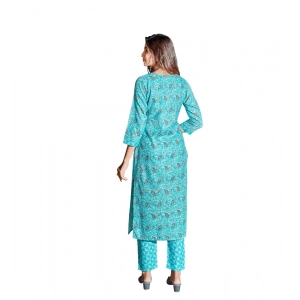 Generic Women's Cotton Blend Foil Print - Mirror Work 3-4 th Sleeve Round Neck Kurti With Pant Set (Green)