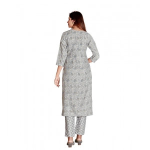 Generic Women's Cotton Blend Foil Print - Mirror Work 3-4 th Sleeve Round Neck Kurti With Pant Set (Grey)