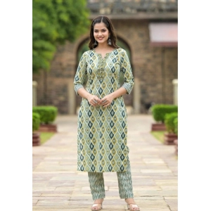 Generic Women's Cotton Printed 3-4 th Sleeve V Neck Kurti With Pant Dupatta Set (Green)