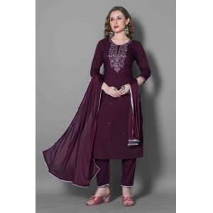 Generic Women's Silk Blend Embroidered 3-4 th Sleeve Round Neck Kurti With Pant Dupatta Set (Purple)