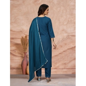 Generic Women's Cotton Blend Embroidered 3-4 th Sleeve Sweetheart Neck Kurti With Pant Dupatta Set (Blue)