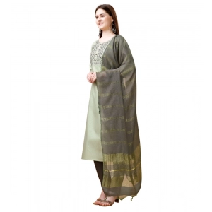 Generic Women's Cotton Blend Embroidered 3-4 th Sleeve Round Neck Kurti With Pant Dupatta Set (Light Green)