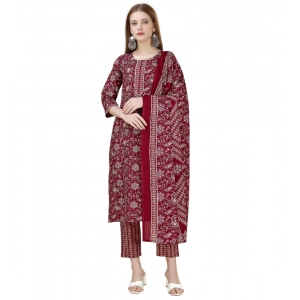 Generic Women's Cotton Blend Printed 3-4 th Sleeve Round Neck Kurti With Pant Dupatta Set (Maroon)