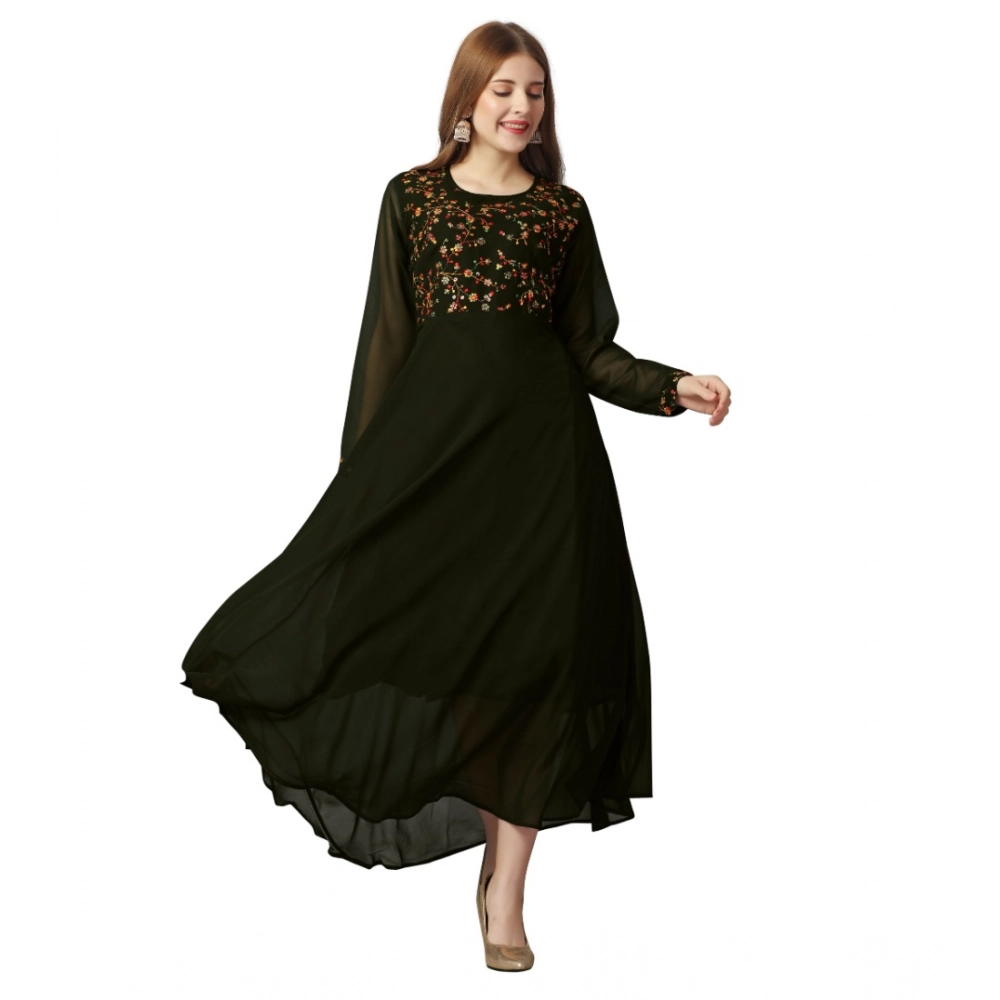 Generic Women's Georgette Embroidered Full Sleeve Round Neck Gown (Mehendi)