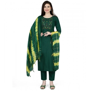 Generic Women's Cotton Blend Embroidered 3-4 th Sleeve Round Neck Kurti With Pant Dupatta Set (Green)