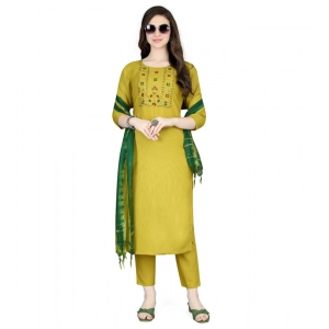 Generic Women's Cotton Blend Embroidered 3-4 th Sleeve Round Neck Kurti With Pant Dupatta Set (Yellow)