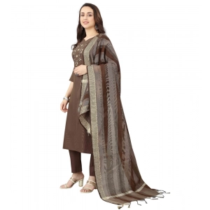 Generic Women's Cotton Blend Mirror Work 3-4 th Sleeve Sweetheart Neck Kurti With Pant Dupatta Set (Brown)