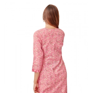 Generic Women's Cotton Blend Foil Print - Mirror Work 3-4 th Sleeve Round Neck Kurti With Pant Set (Pink)