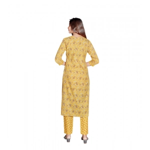 Generic Women's Cotton Blend Foil Print - Mirror Work 3-4 th Sleeve Round Neck Kurti With Pant Set (Mustard)