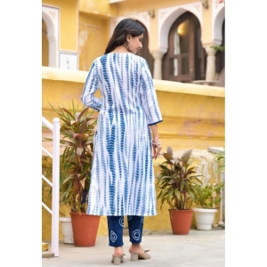 Generic Women's Cotton Printed 3-4 th Sleeve V Neck Kurti With Pant Dupatta Set (Blue)