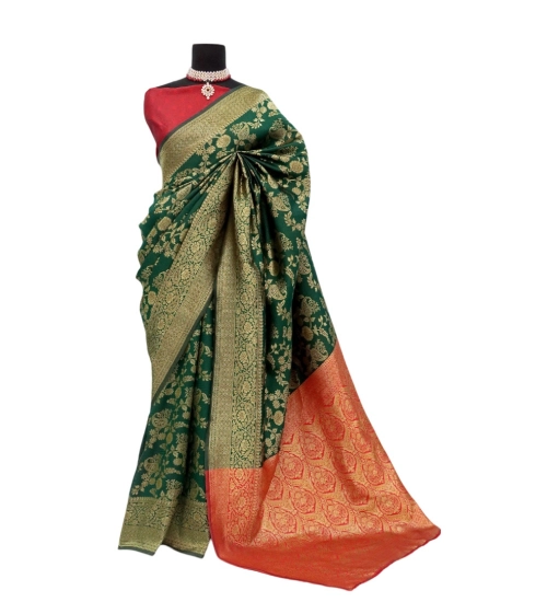 Women's Banarasi Printed Saree With Unstitched Blouse 5.5Mtr (Green)